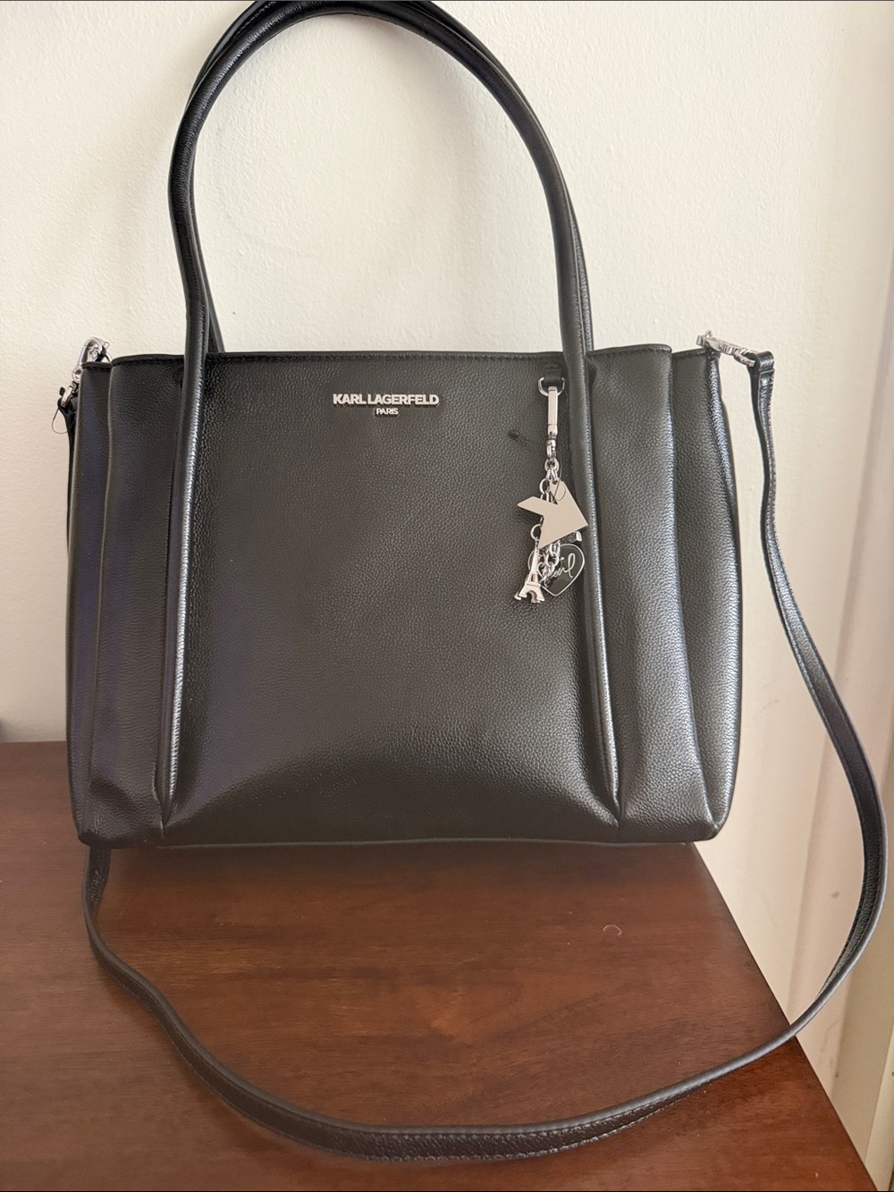 Karl Lagerfeld Black Pebbled Leather Shoulder Bag with Silver Charm